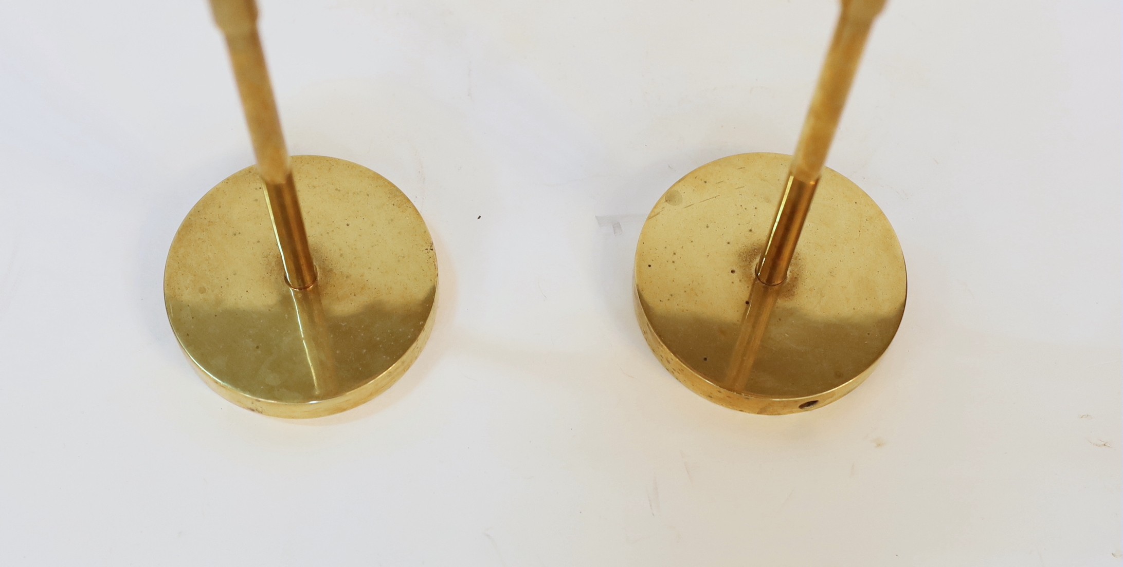 A pair of 1930s lacquered brass table lamps with later Czech glass shades, height 35cm